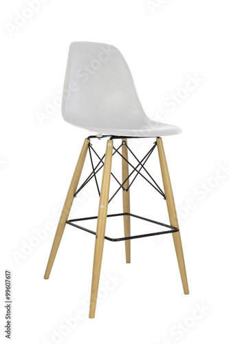 White Plastic Bar Stool with Wooden Legs on White Background, Three Quarter View