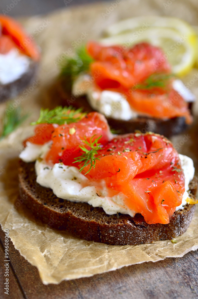 Sandwich with salted salmon and cream cheese. Sandwich with salted salmon and cream cheese.