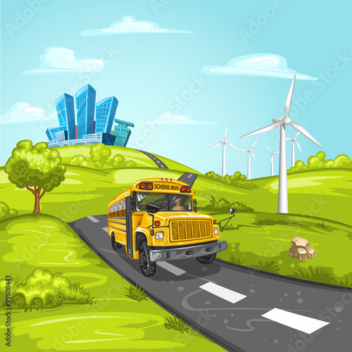 Illustration with school bus on asphalt road and modern city