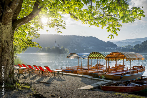 Boats for tourists on Bled lake in Slovenia