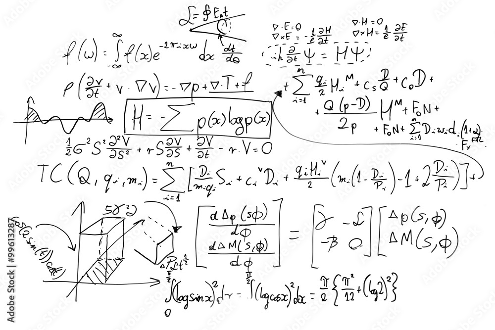 Complex math formulas on whiteboard. Mathematics and science with economics - obrazy, fototapety, plakaty 