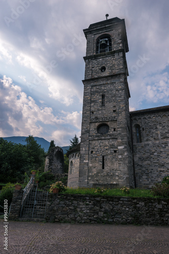 View on Monastery church at Lake Como, Italy on dramatic clouds