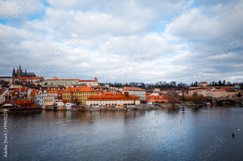 Old Town ancient architecture and river pier in Prague, Czech Re