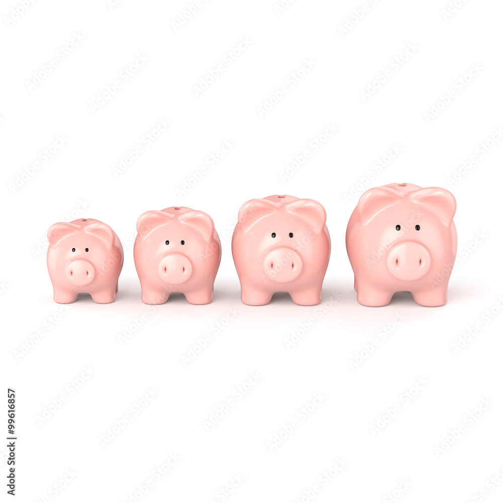 Sparschweine in einer Reihe auf weissem Hintergrund Sparschweine in einer Reihe auf weissem Hintergrund