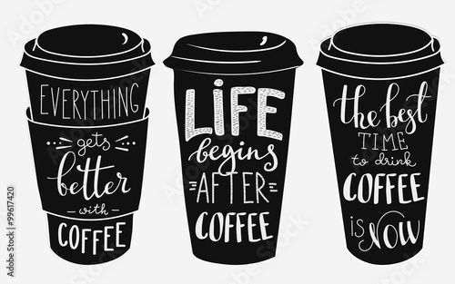 Quote lettering on coffee paper cup shape set