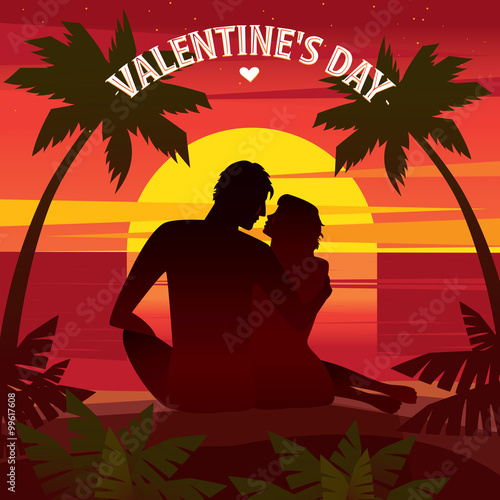 Couple sitting on a sunset on the beach and looking at each other - Valentine s Day concept