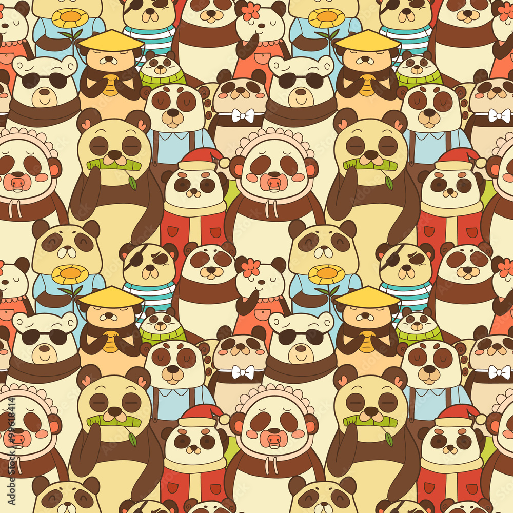 Obraz premium Colorful seamless pattern with funny pandas