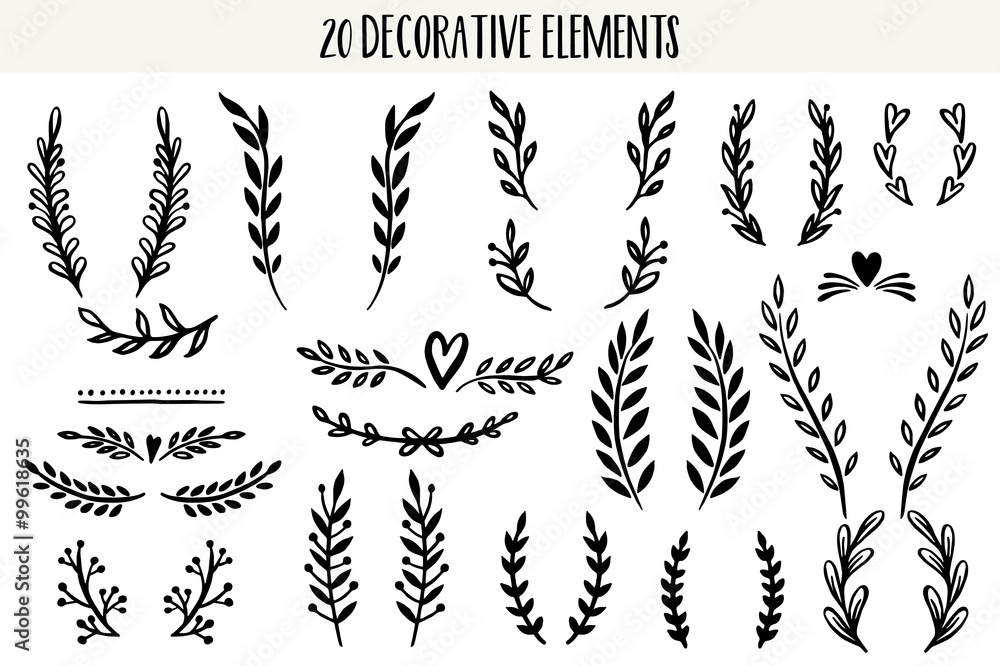 Set of hand drawn vector decorative elements. 