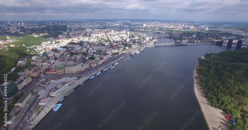 Central part of the Ukrainian capital with many historical buildings and srteets.Aerial filming of Dnipro river in Kiev city,Ukraine Central part of the Ukrainian capital with many historical buildings and srteets.Aerial filming of Dnipro river in Kiev city,Ukraine
