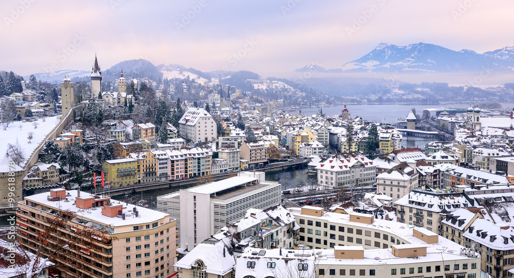 Aerial view of the old town of Lucerne and Alps mountains, Switzerland
