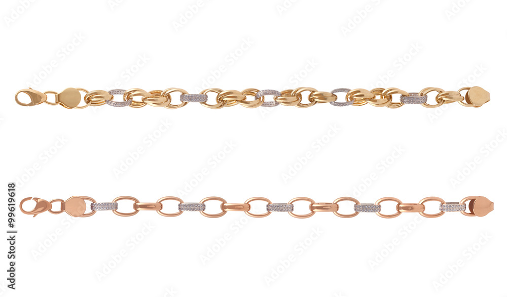 Set of golden luxury jewelry bracelet with diamonds isolated on white Set of golden luxury jewelry bracelet with diamonds isolated on white