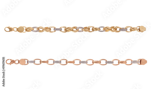 Set of golden luxury jewelry bracelet with diamonds isolated on white