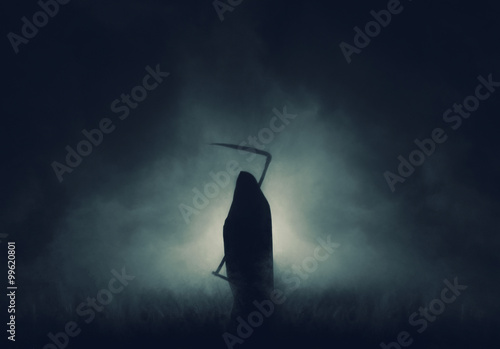 Schilderij op canvas Grim reaper, the death itself, scary horror shot of Grim Reaper in fog holding scythe