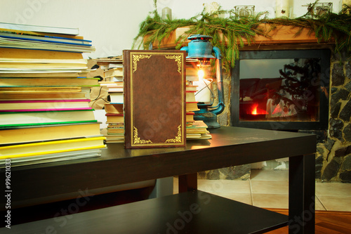 Books with with Fireplace in Background