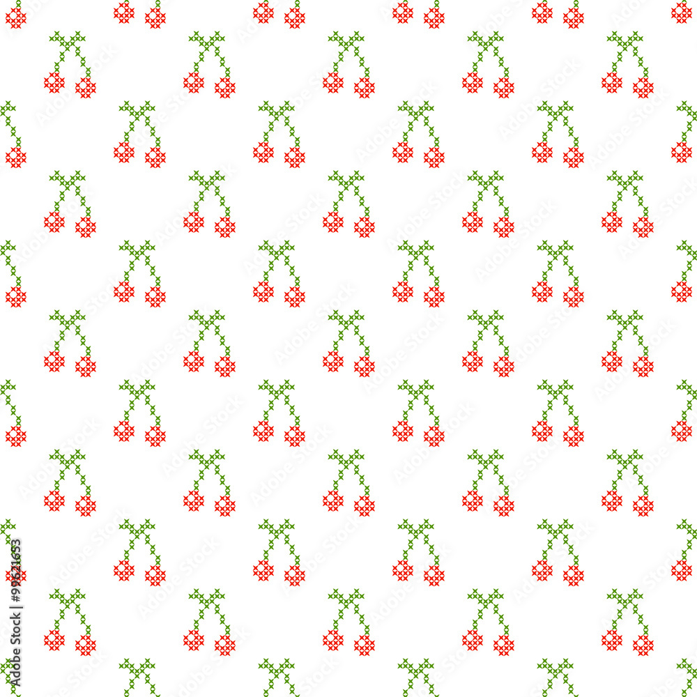 Cross stitch seamless vector pattern. Red and green embroidery folk design. Cherry fruit thin subtle background. Cross stitch seamless vector pattern. Red and green embroidery folk design. Cherry fruit thin subtle background.