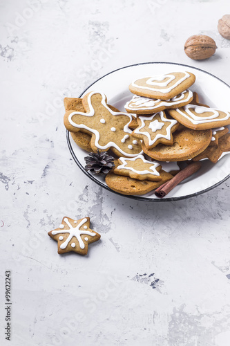 Group of cookies in vintage plate on white background.