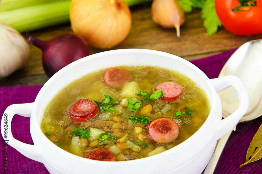 Healthy and Diet Food: Soup with Lentils, Celery and Sausage Healthy and Diet Food: Soup with Lentils, Celery and Sausage