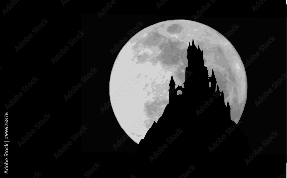 a hill castle with a moon background 