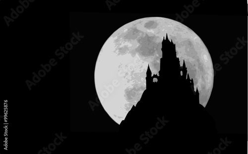 a hill castle with a moon background 