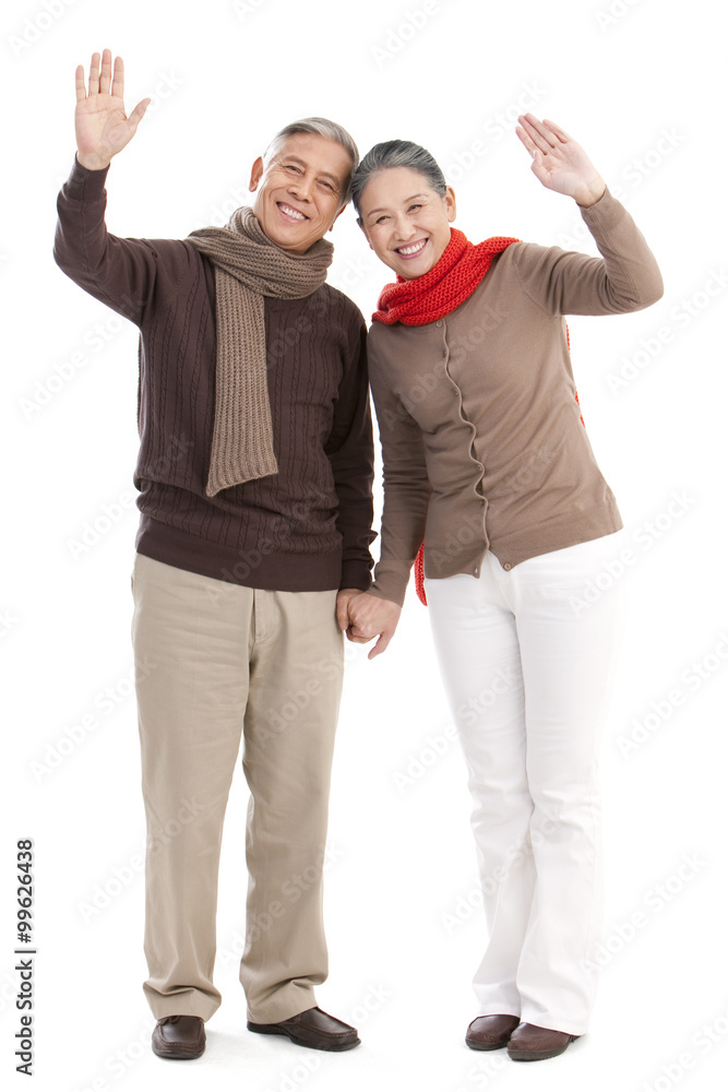 Senior couple waving hands Senior couple waving hands