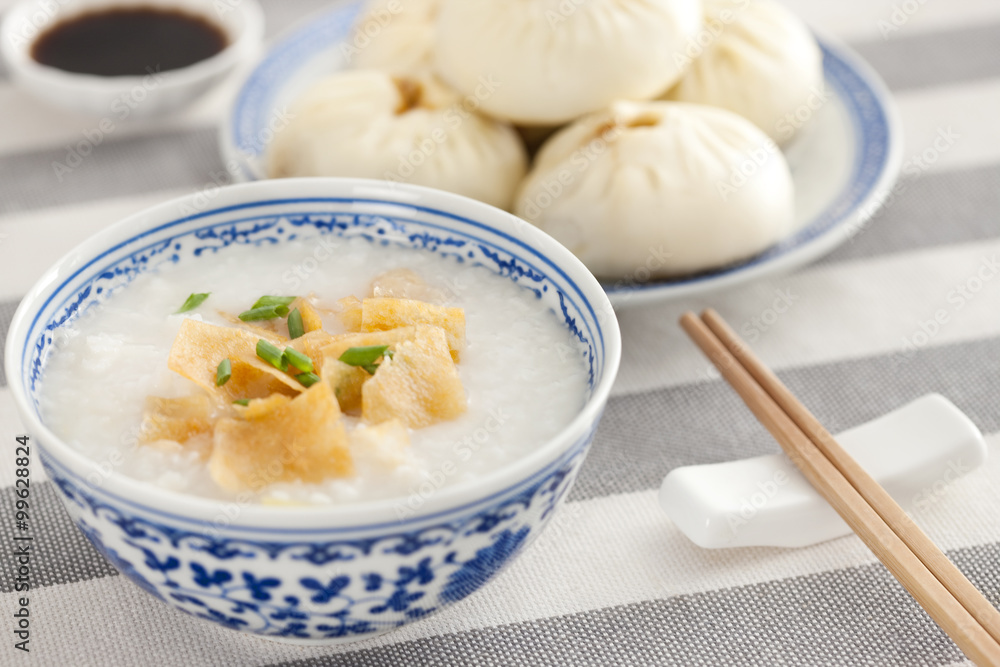 Chinese food rice porridge and steamed buns