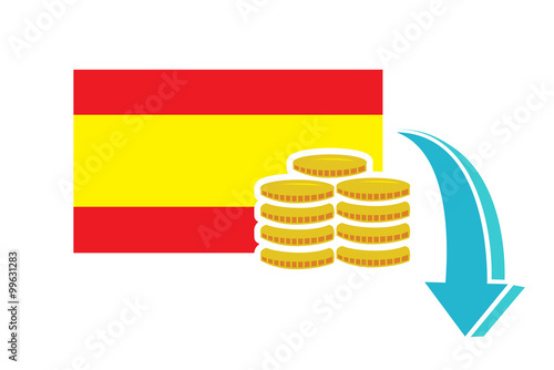 Flat vector image of the Spanish flag with coins and a downward arrow