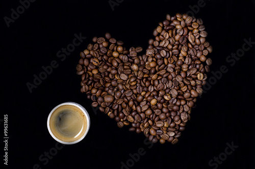 cup of coffee and the heart of the coffee beans