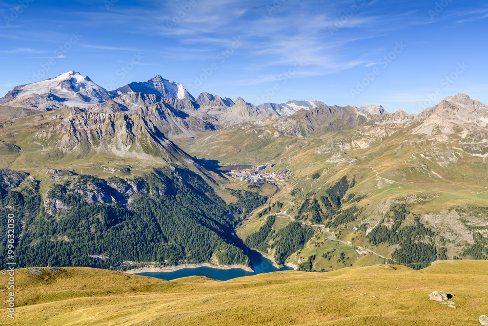 View to Tignes  valey from Grande Sassier hike, French Alps