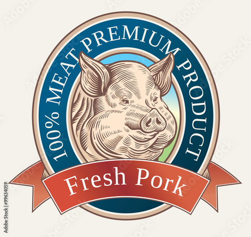 Pig in graphical style of engraving, is depicted in label design.