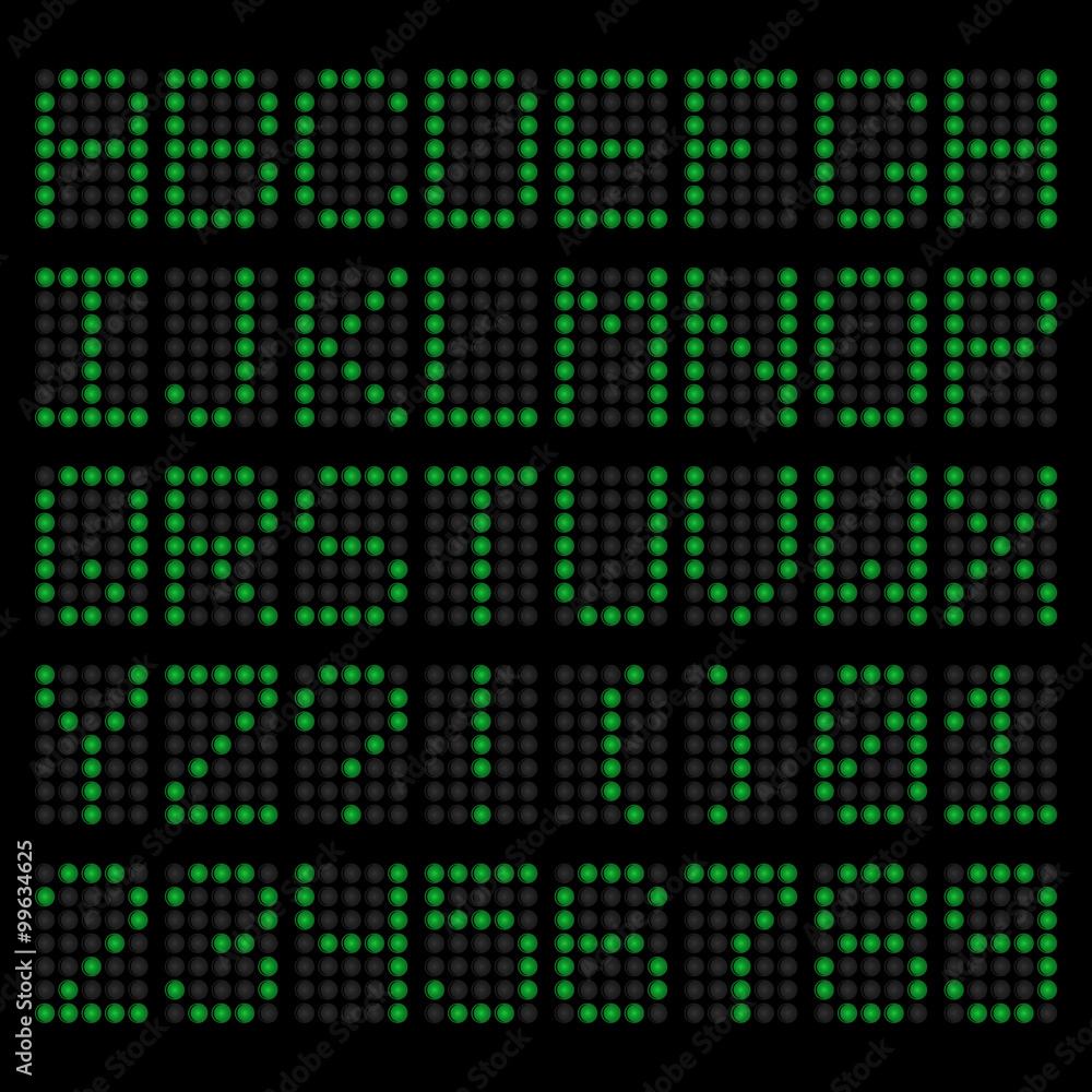 Green LED letters and numbers. alphabet Green LED letters and numbers. alphabet