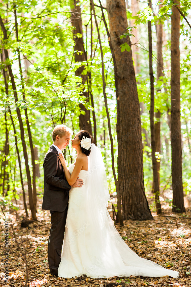 wedding couple hugging, the bride holding a bouquet of flowers in her hand wedding couple hugging, the bride holding a bouquet of flowers in her hand