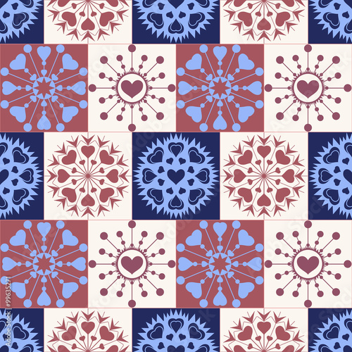 Christmas seamless checked pattern with heart snowflakes. New Year, Valentine day, birthday texture. Unusual ornament. Blue, brown, rose colored background. Vector