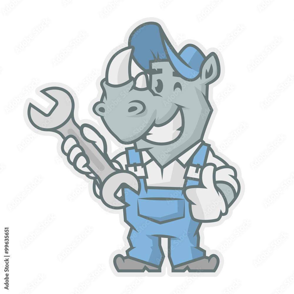 Naklejka premium Rhinoceros character holding wrench