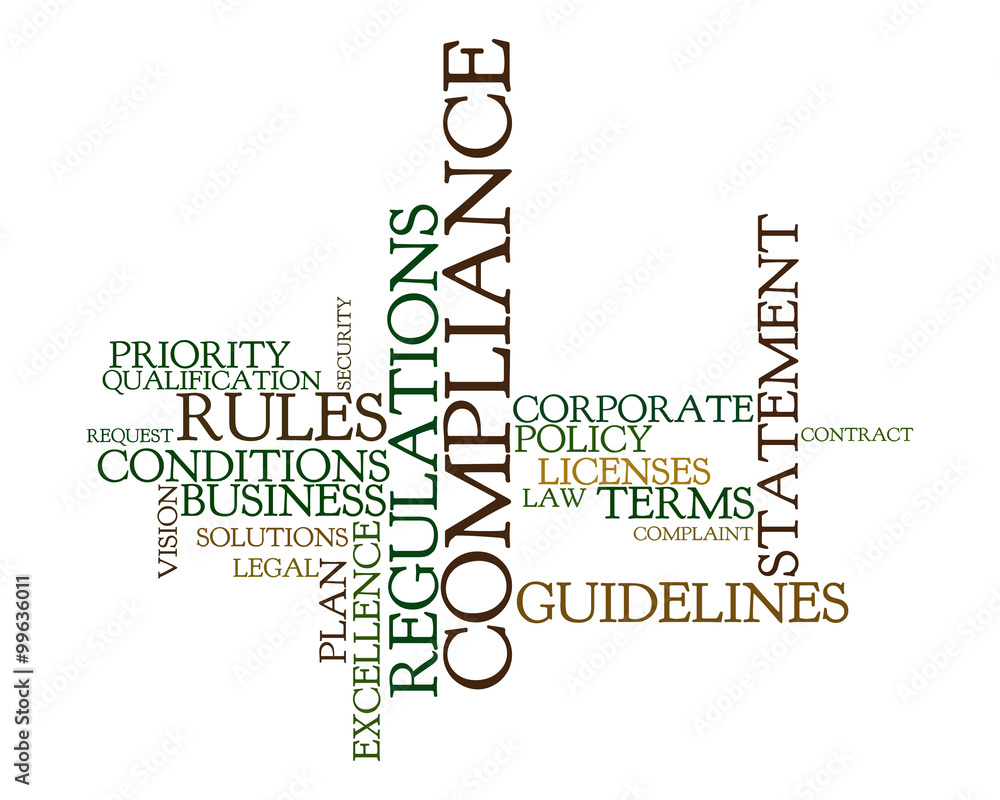 Word cloud for compliance, rules and regulations Word cloud for compliance, rules and regulations