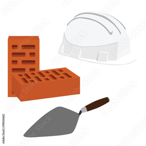 Spatula, brick and helmet