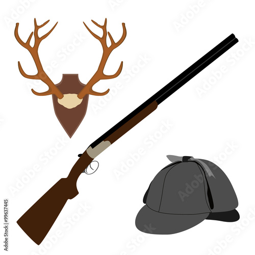 Deer horns, rifle and hat