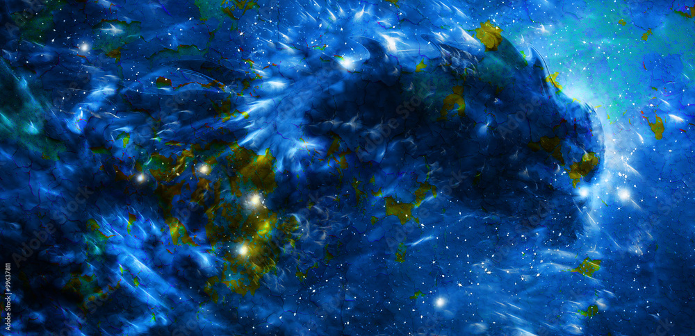 Cosmic dragon in space and stars, blue cosmic abstract background