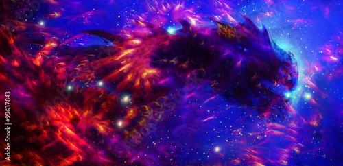 Cosmic dragon in space and stars, blue and red cosmic abstract background. Fire effect