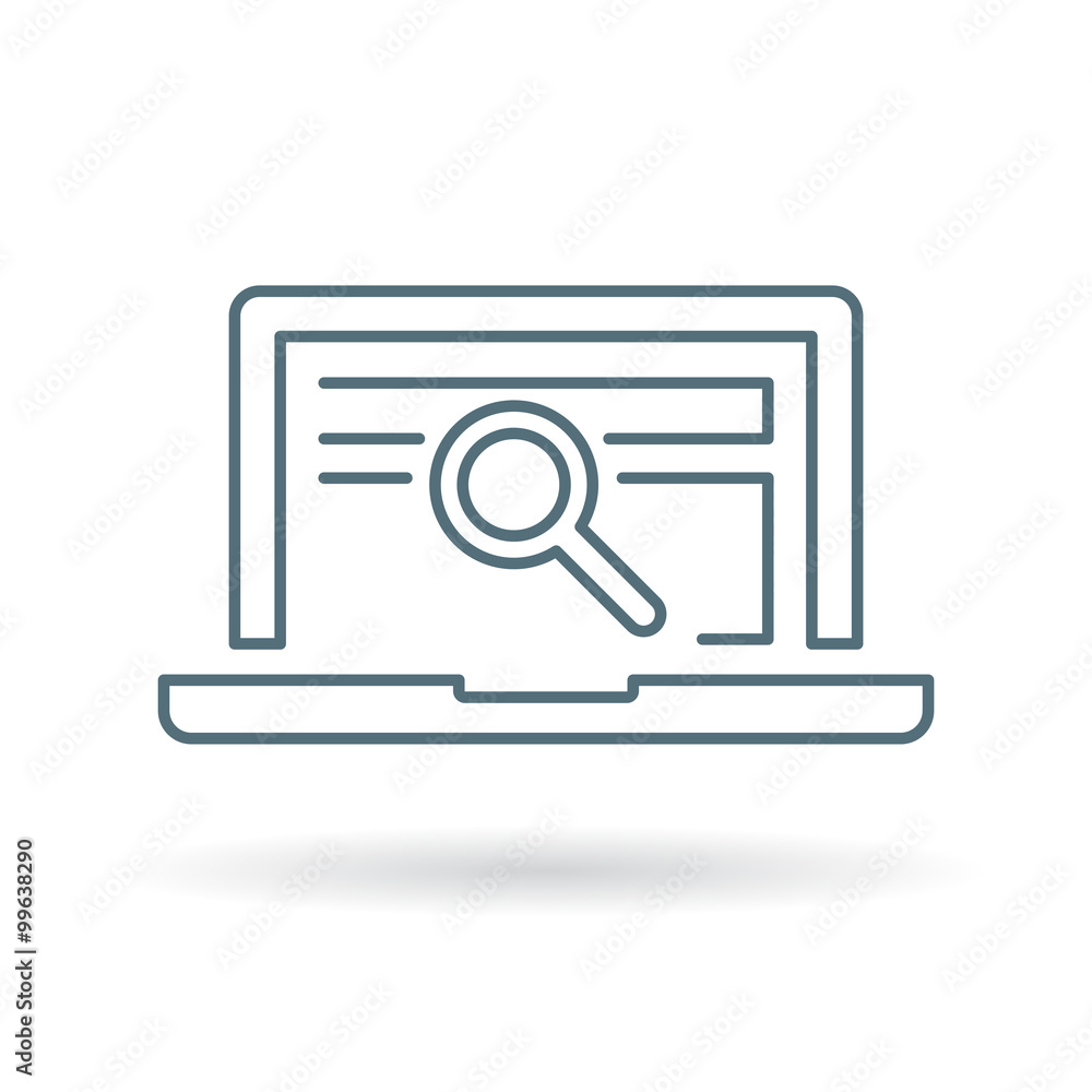 Search laptop icon. Magnifying glass with notebook sign. Analyze laptop symbol. Thin line icon on white background. Vector illustration. Search laptop icon. Magnifying glass with notebook sign. Analyze laptop symbol. Thin line icon on white background. Vector illustration.