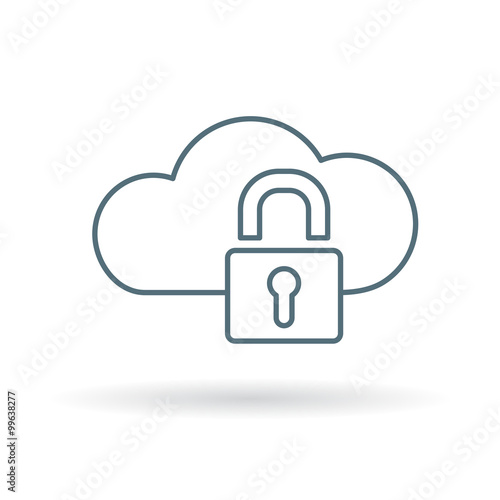 Secure cloud network icon. Cloud with padlock sign. Private internet connection symbol. Thin line icon on white background. Vector illustration.