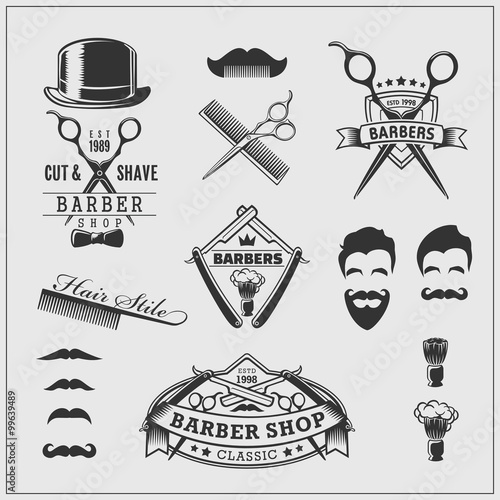 Collection of vintage barber shop labels, logo and design element.