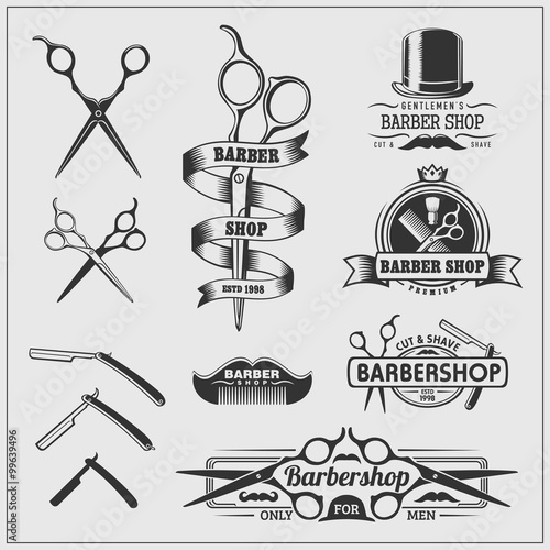 Collection of vintage barber shop labels, logo and design element.