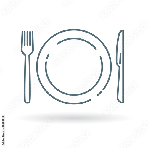 Plate, knife and fork icon. Cutlery and crockery sign. Eating utensils set symbol. Thin line icon on white background. Vector illustration.