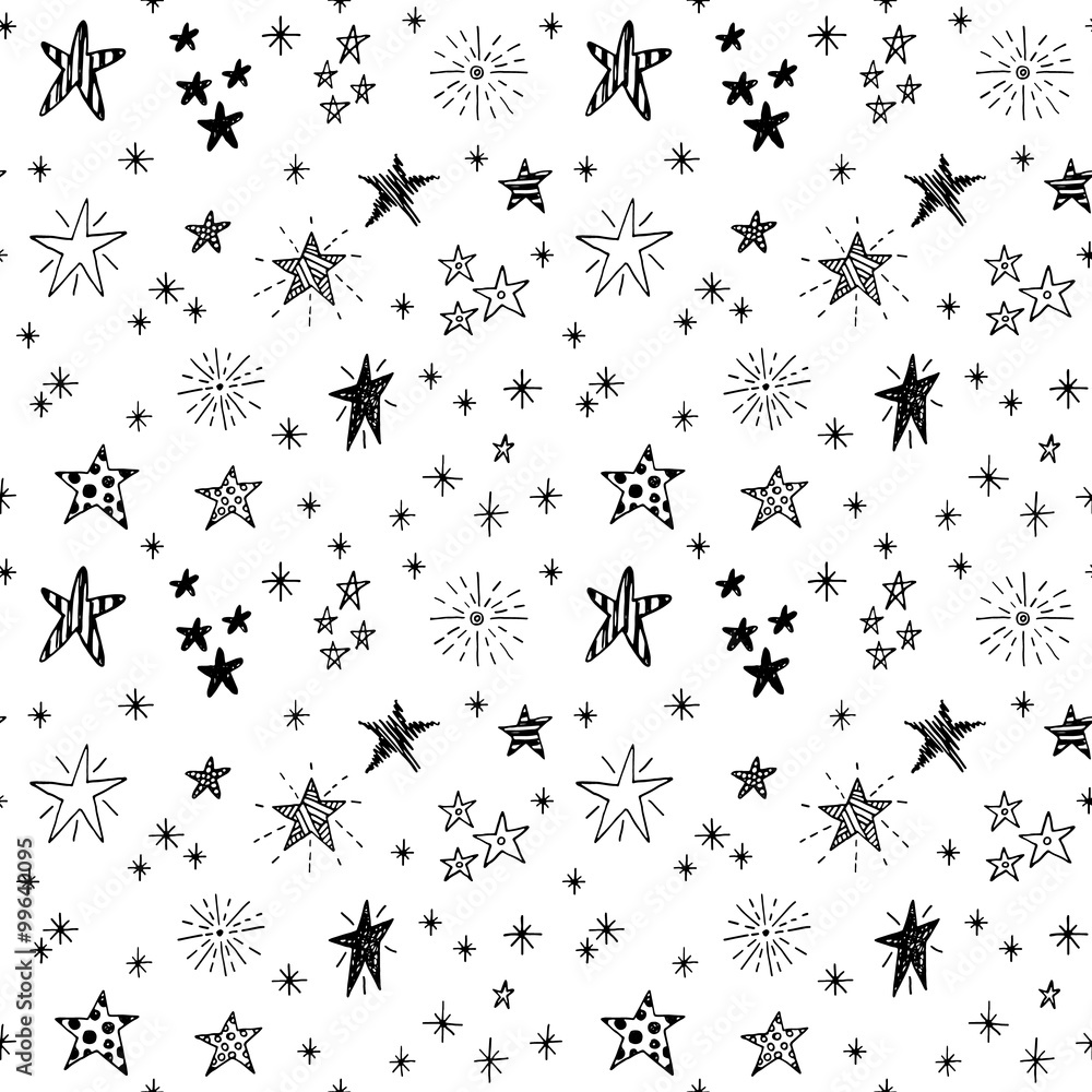 Cute seamless black and white pattern with hand drawn doodle stars - obrazy, fototapety, plakaty 