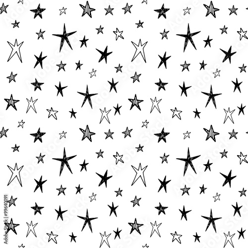 Cute seamless black and white pattern with hand drawn doodle stars