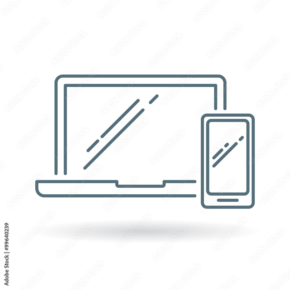 Laptop and smartphone icon. Responsive device display sign. Modern notebook and mobile symbol. Thin line icon on white background. Vector illustration. Laptop and smartphone icon. Responsive device display sign. Modern notebook and mobile symbol. Thin line icon on white background. Vector illustration.