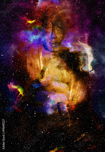Fototapeta Naklejka Na Ścianę i Meble -  Buddha in space and stars, galaxy background. computer collage. Religion concept.