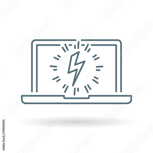 Laptop power charge icon. Notebook lightning bolt sign. Computer electric flash symbol. Thin line icon on white background. Vector illustration.