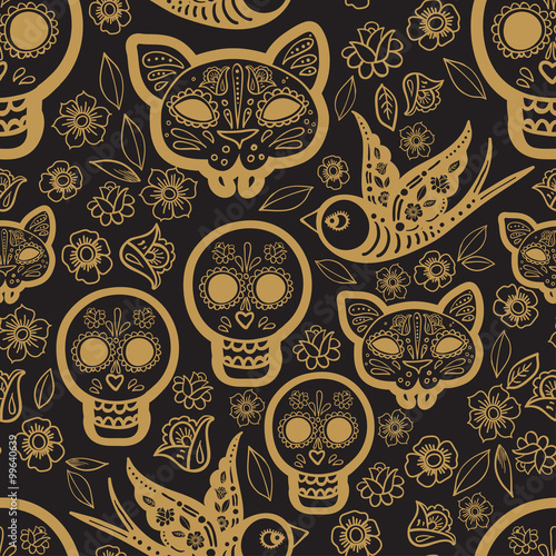 Gold seamless pattern  Day of the Dead