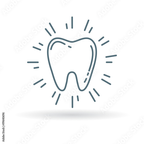 Fototapeta Naklejka Na Ścianę i Meble -  Healthy glowing tooth icon. Sparkling clean tooth sign. Cavitiy free white teeth symbol. Thin line icon on white background. Vector illustration.